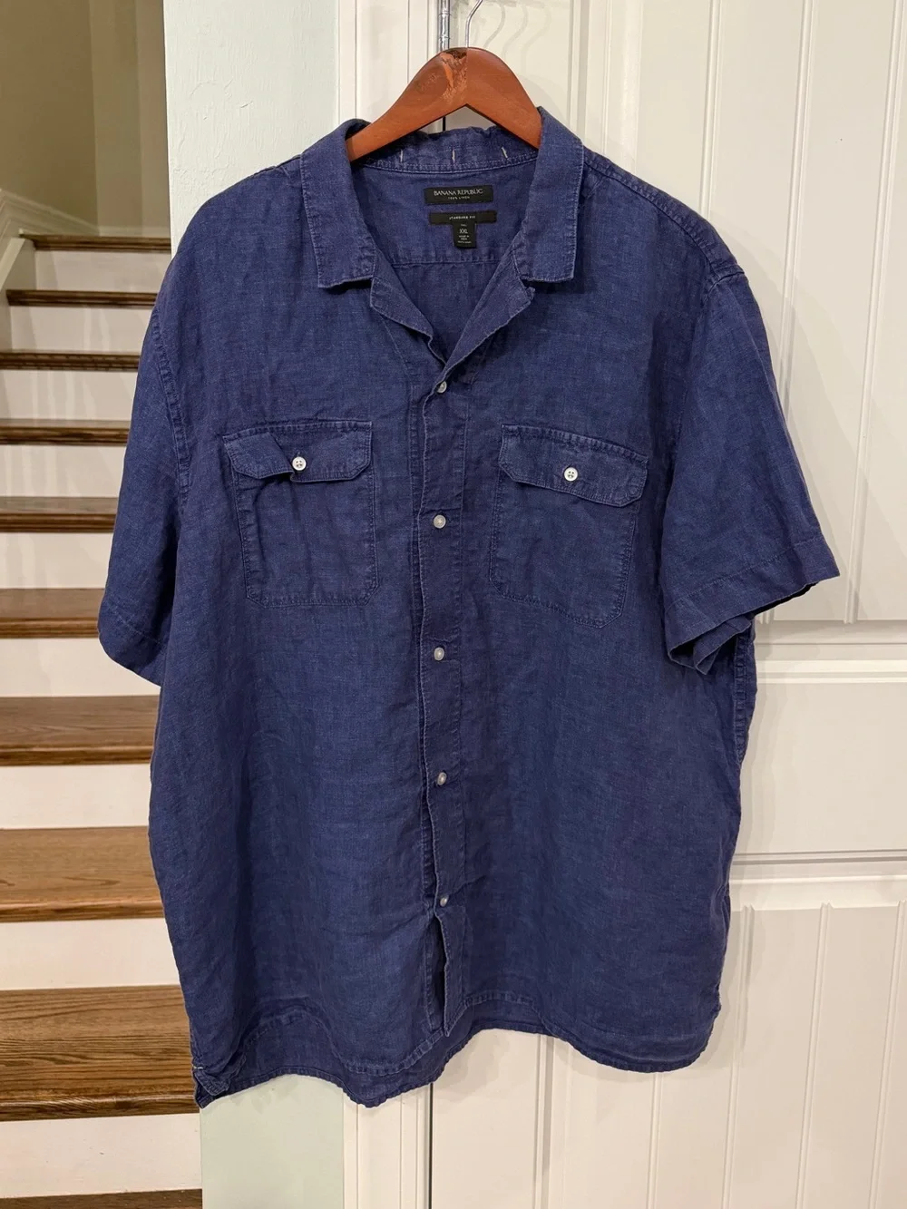 Banana Republic XXL Tall 100% Linen Short Sleeve Button Up Shirt Navy Blue